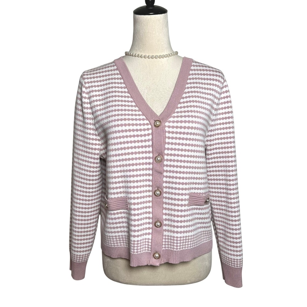 Adrianna Papell Mauve Ivory Pearl Button Striped Knit Preppy Cardigan Sweater